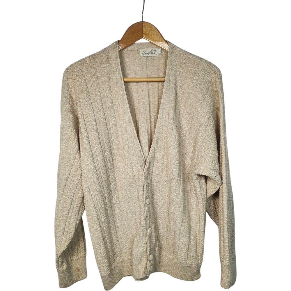 Vintage ARNOLD PALMER Sweater Mens Large Biege Cardigan Umbrella Logo Retro READ